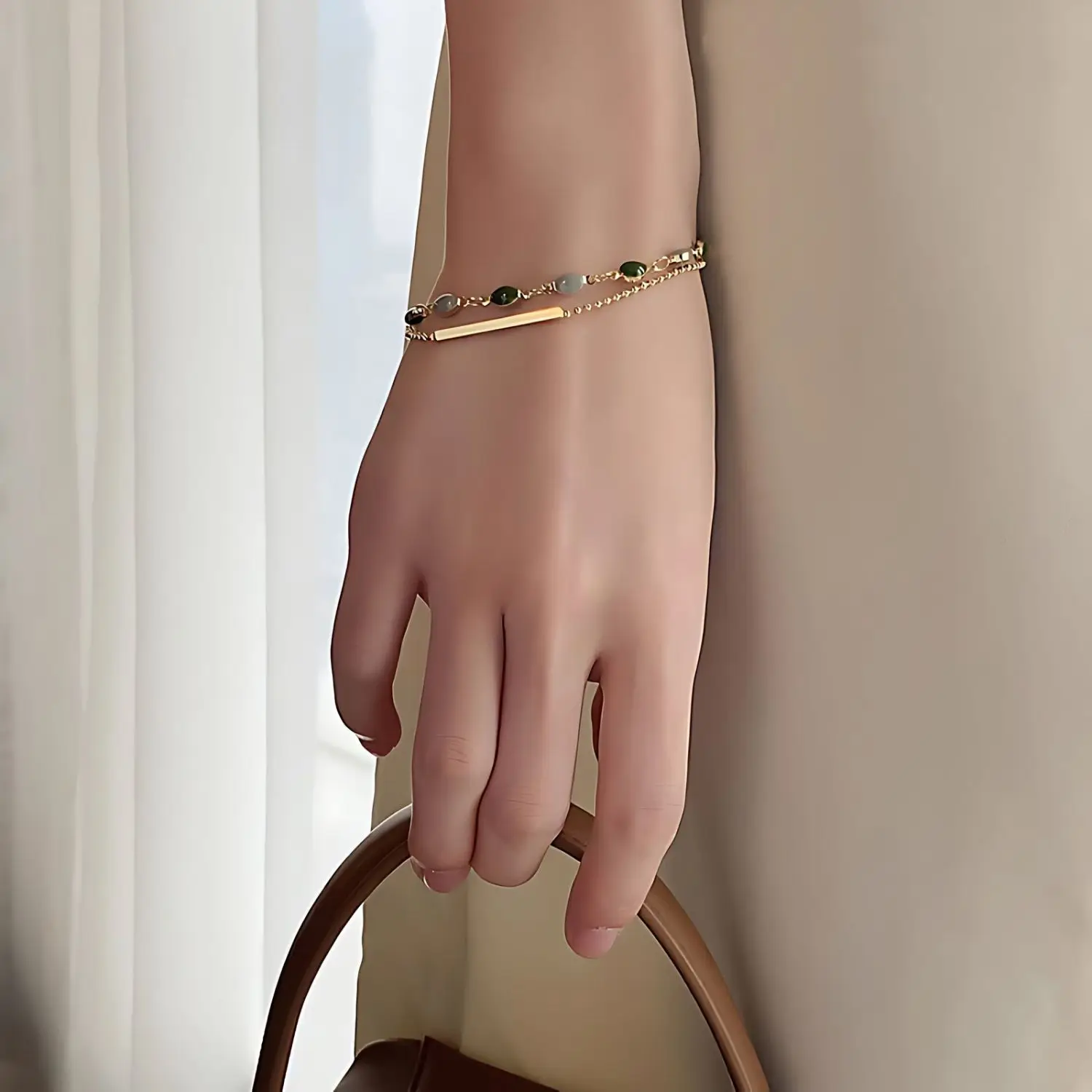 Vintage Zircon Bracelet for Women - Gold Color Beaded Chain, Double Layered Design, Adjustable Length - Elegant Accessory image 4