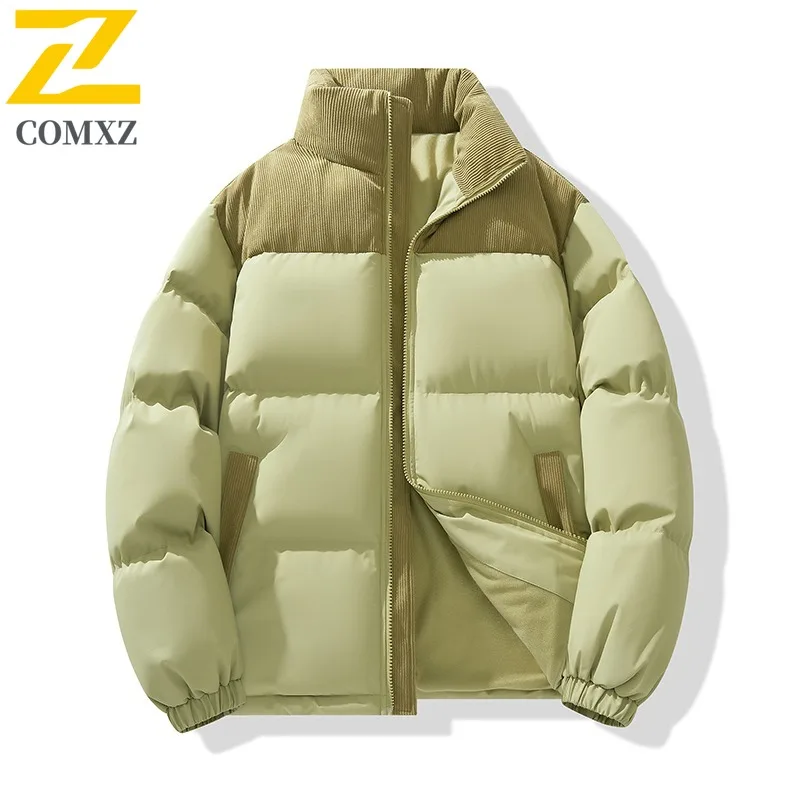 COMXZ 2025 Winter Thick Fleece Lined Mens Cotton Jacket Stand Collar Short Couple Coat Outwear tactics lightweight windbreaker