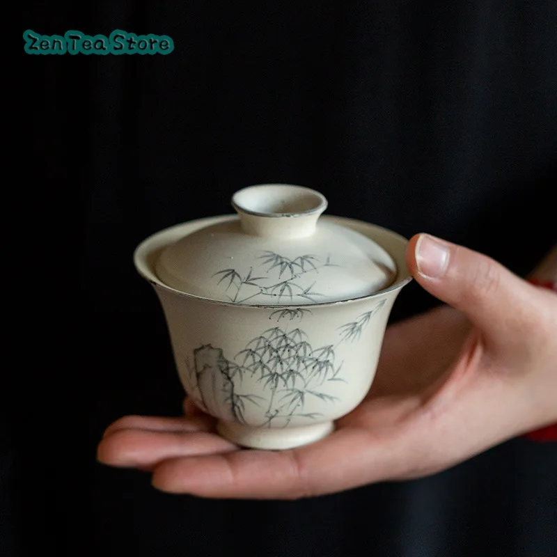 Hand-painted Ink Bamboo Ercai Cover Bowl Tea Bowl Household Retro Not Hot Kung Fu Tea Set Ceramic Grasping Bowl