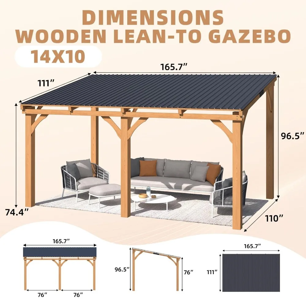 10'x14' Outdoor Wood Gazebo for Patio, Wall Mounted Lean to Hardtop Pergola Heavy Duty Metal Awning Deck Backyard, Custom