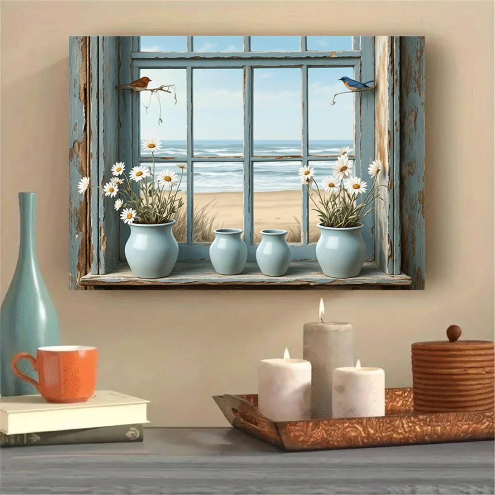 1PC-Canvas poster Unframed  Coastal Window View With Daisies And Birds Beach Scene Wall Art  summer