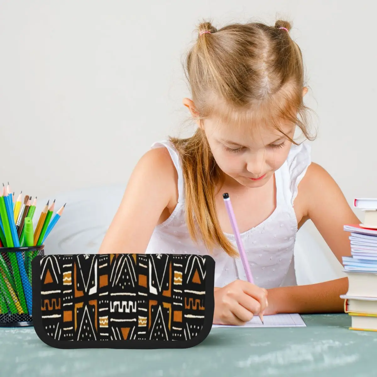 African Bogolan Mudcloth Pattern Pencil Case Pen Holder Big Capacity Pen Box Pencil Bag for Studen School