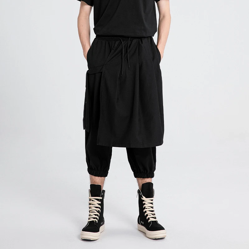 New Men'S Pants With A Jogger Design, Faux Two-Piece Style, Wide-Leg Pants, Fashionable Dark Style, Cropped Pants, Casu