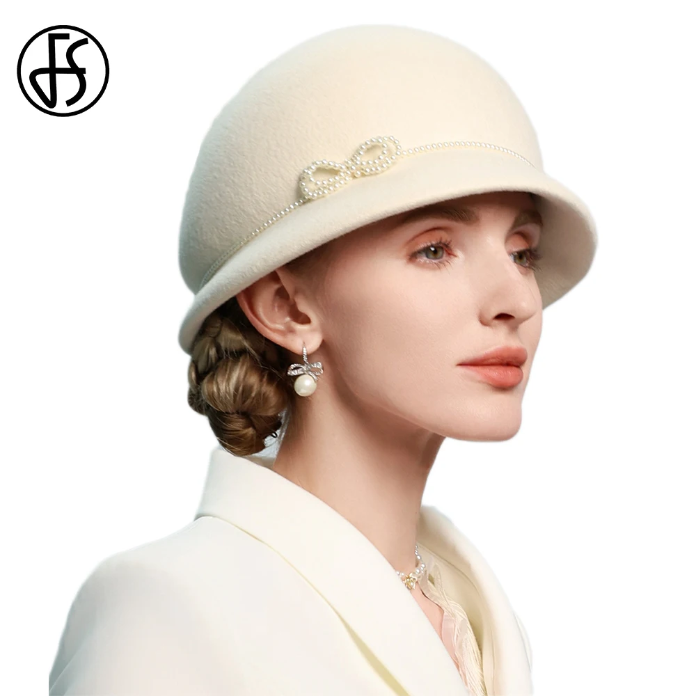 FS White Bowler Hats For Women Elegant Winter Wool Cap With Bowknot Formal Dress Ladies Felt Fedoras Wedding Party Church Hat