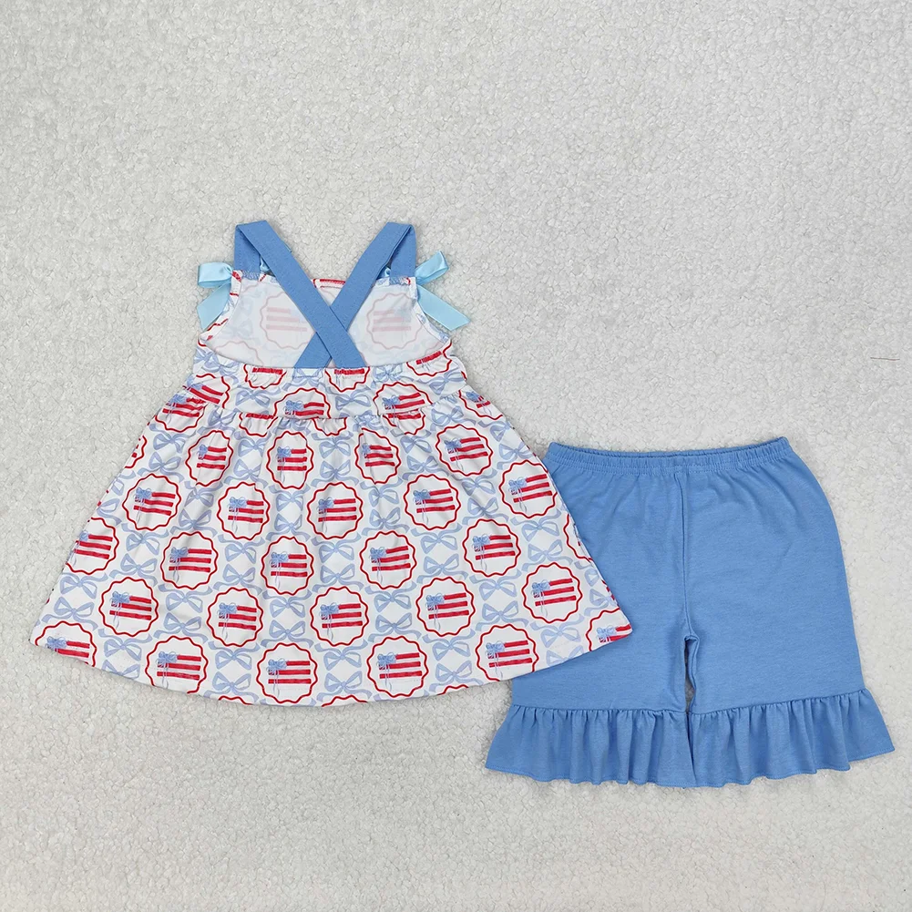 GSSO2074 Baby Girls Blue Bows Flag Top Ruffle Shorts Clothes Sets