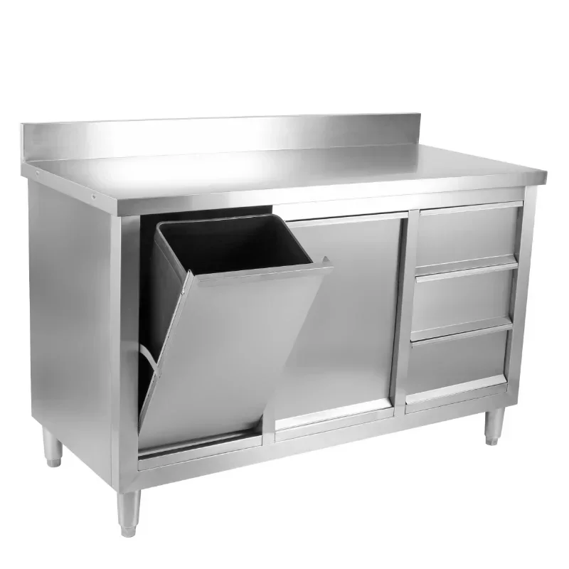 Kitchen cupboard stainless steel work table with sliding door