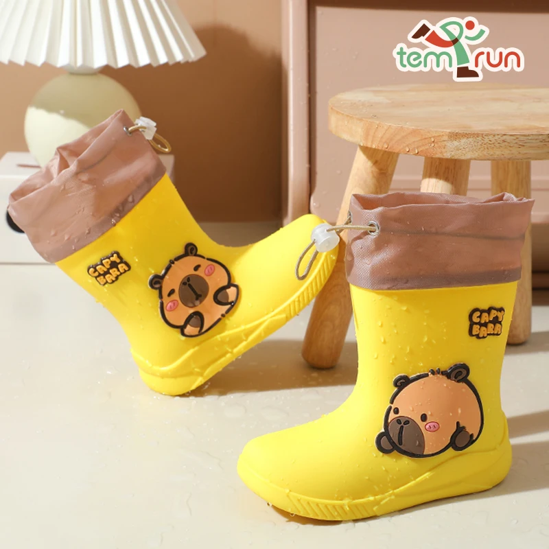 Children's Rain Boots Cartoon Capybara Pattern Rubber Rain Shoes For Girls Boys Anti-Slip Elastic Band For Students
