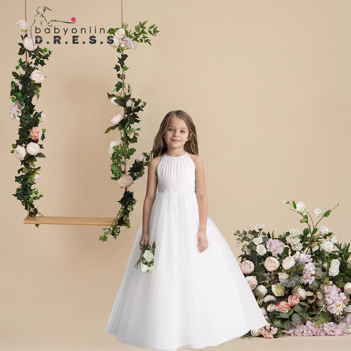 2024 Fairy Flower Girl Dress Simple Ivory Chiffon and Netting Halter Ball Gown Junior Bridesmiad  Wedding Guest Party