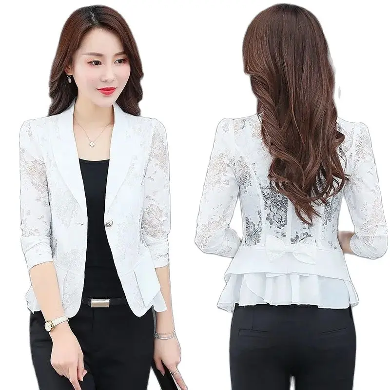 

Blazer 2022 New Lace Small Shawl High End Women's Coat Wild V Neck Summer Short Small Suit Thin Short Ladies Jacket