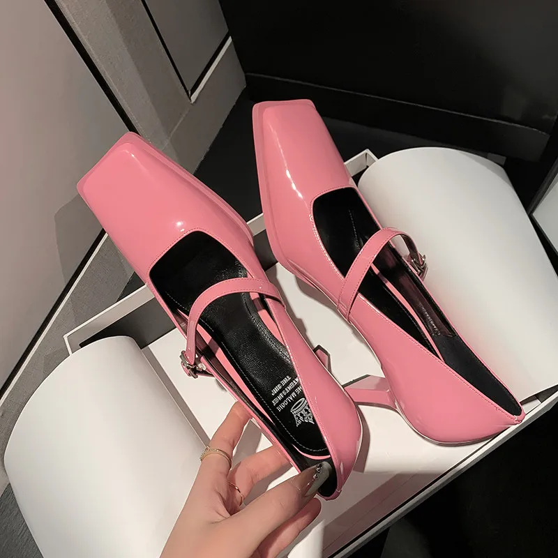 

MKKHOU Fashion Pumps New High Quality True Leather Square Head Shallow Mouth Mary Janes High Heels Modern Women's Shoes