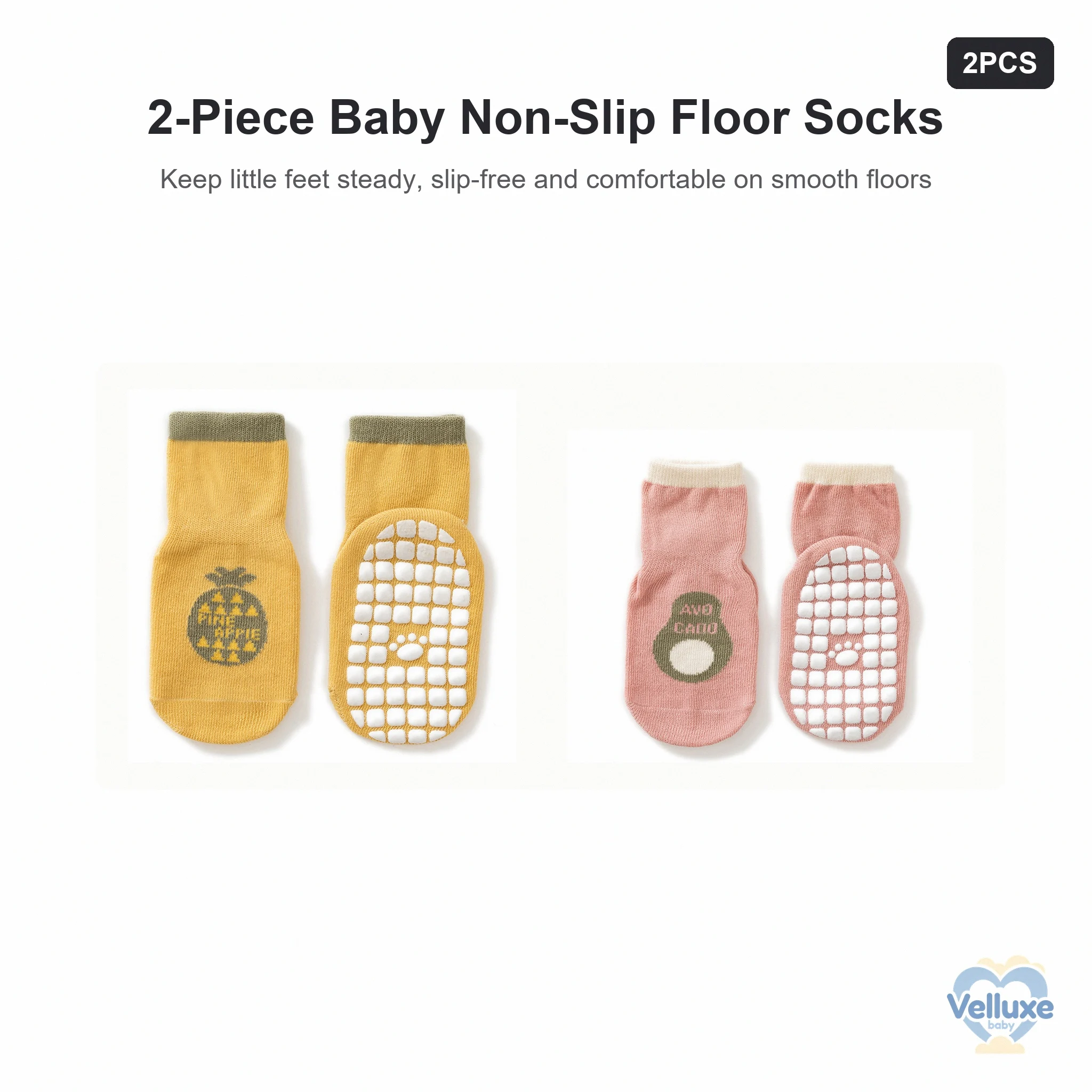 Baby Non-Slip Floor Socks 2 Piece, Grip Socks for Babies 0-5 Years, 75% Combed Cotton LYCRA Cuff, Anti-Pill