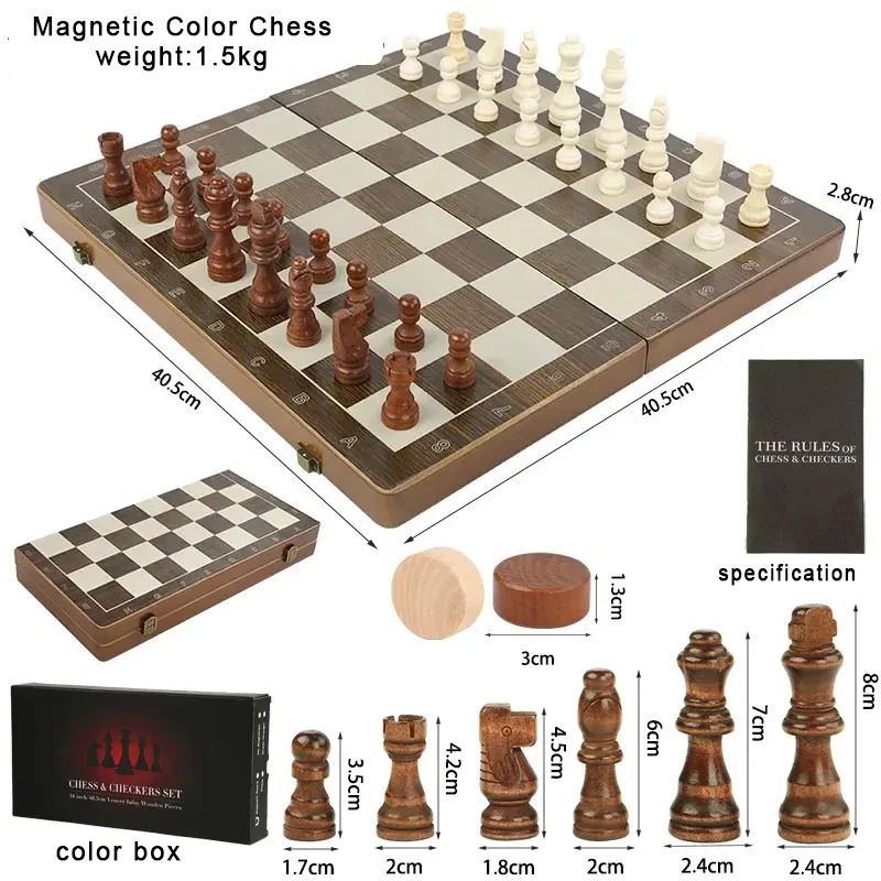 2 in 1 Magnetic Chess Set & Checkers Board Game 15" Wooden Folding Chess Board with 2 Extra Queens Portable Travel Chess Set