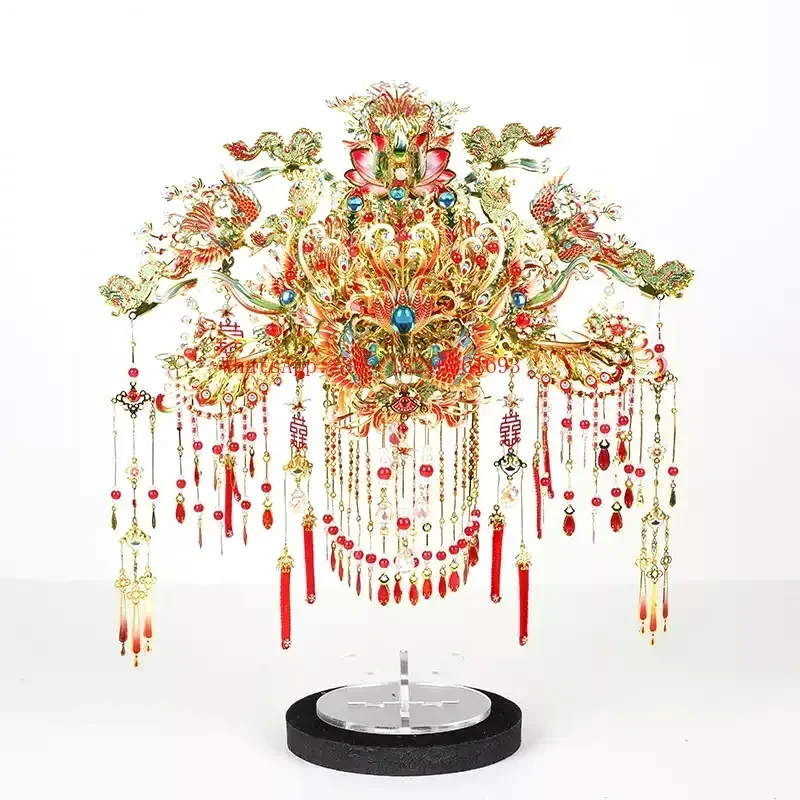 New Arrival 3D Metal Chinese Wedding Fan Phoenix Crown Miniature Model Set Handmade DIY Craft Gift
