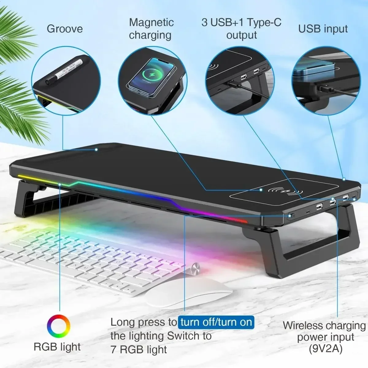 

monitor stand increase Additional USB/HUB/15W wireless charging strip/RGB/type-c output light effect suporte monitor mount