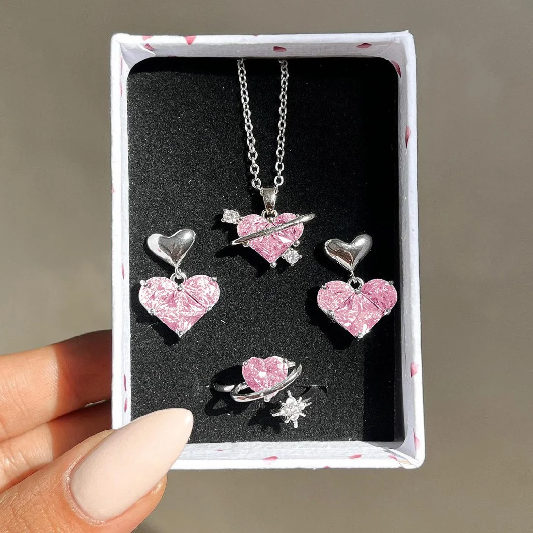 4 Pieces Love Pink Crystals Sweet Earrings Necklaces And Rings Jewelry Set Lightweight And Versatile For Women Mother's Day Gift