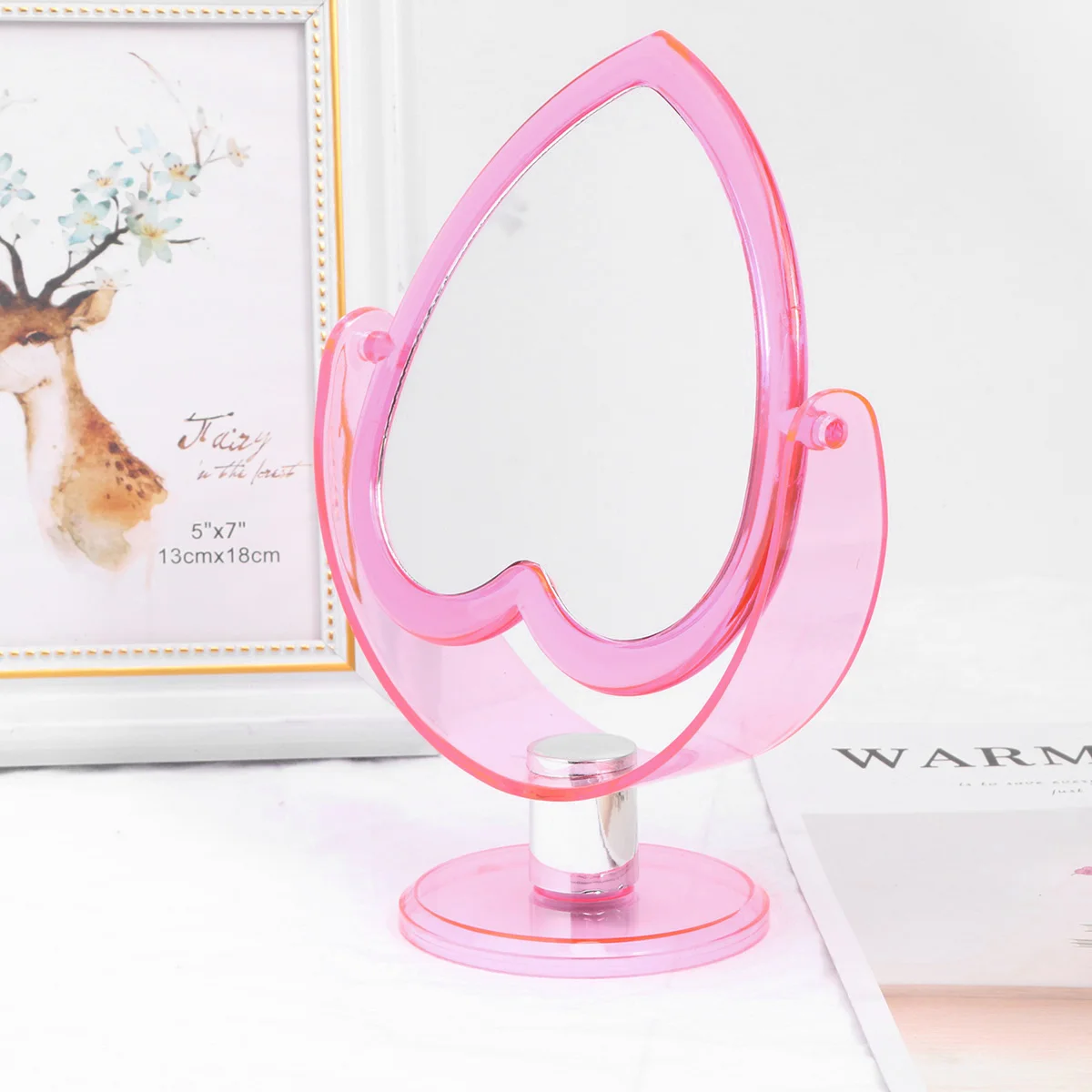 Miroir de maquillage double face en acrylique, cœur aimant, miroir Transparent décoratif de bureau, Base Stable rouge pour magasin à domicile