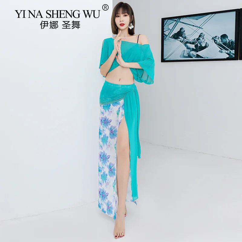 

New Summer Elegant Flower Print Long Skirt Belly Dance Dance Clothes Short-sleeved Off-shoulder Top Stage Performance Clothes