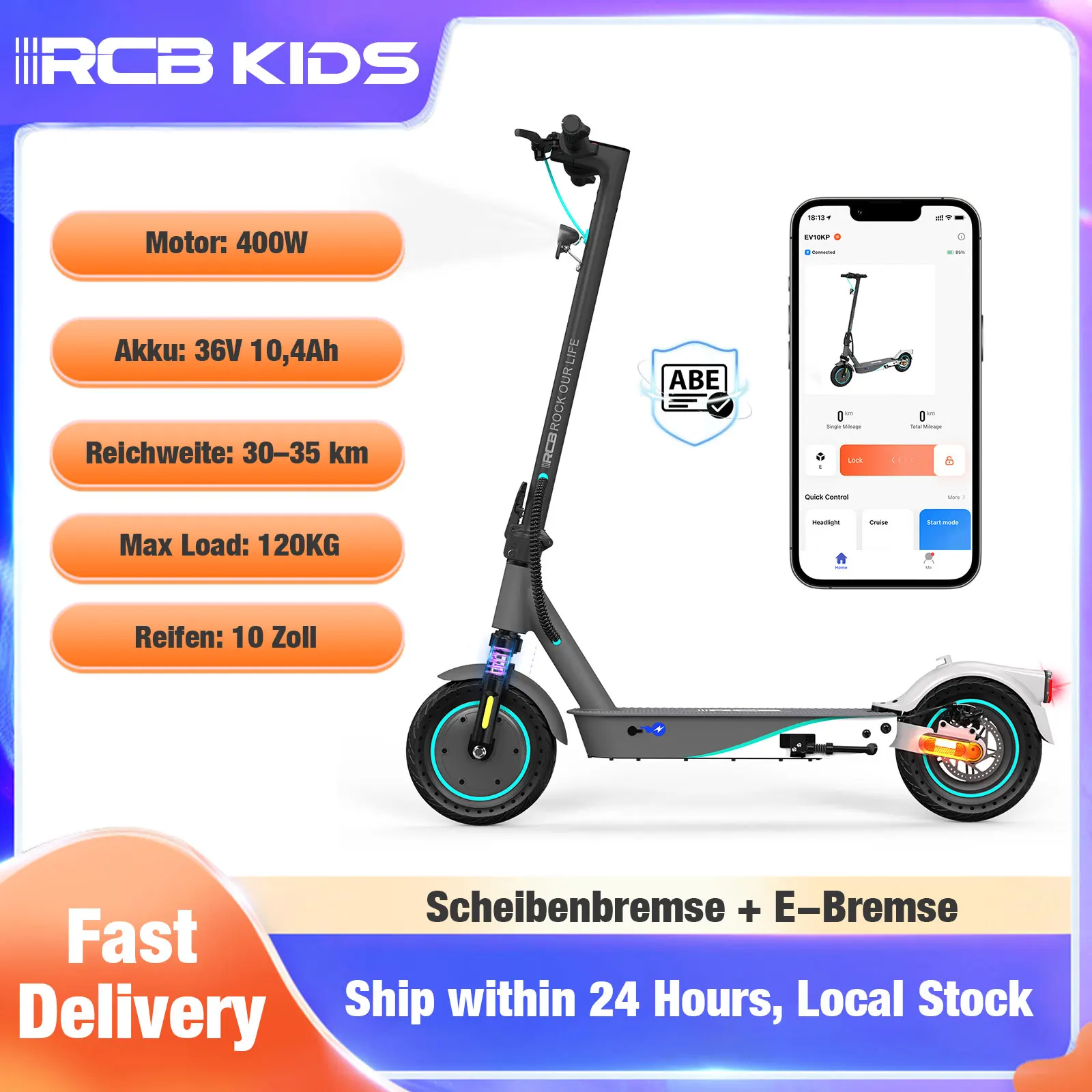 EV10K PRO ABE Klappbarer Elektroroller für Erwachsene, 400W Motor, 36V 10,4Ah Akku, 30-35km Reichweite, 10 Zoll Reifen, Doppelsbremse, APP Steuerung RCB KIDS
