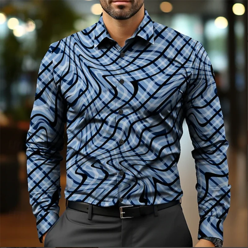 Men's Shirt 3D Vintage Chain Print Outdoor Striped Long Sleeve Button Clothing Fashion Street Style Design