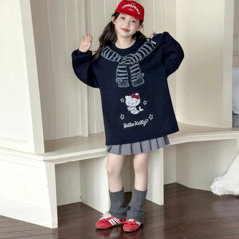 

Hot Sanrio Girl Pullover Hello Kitty Kawaii Anime Fashion Spring Autumn Student Round Neck Tops Children's Clothing New Style