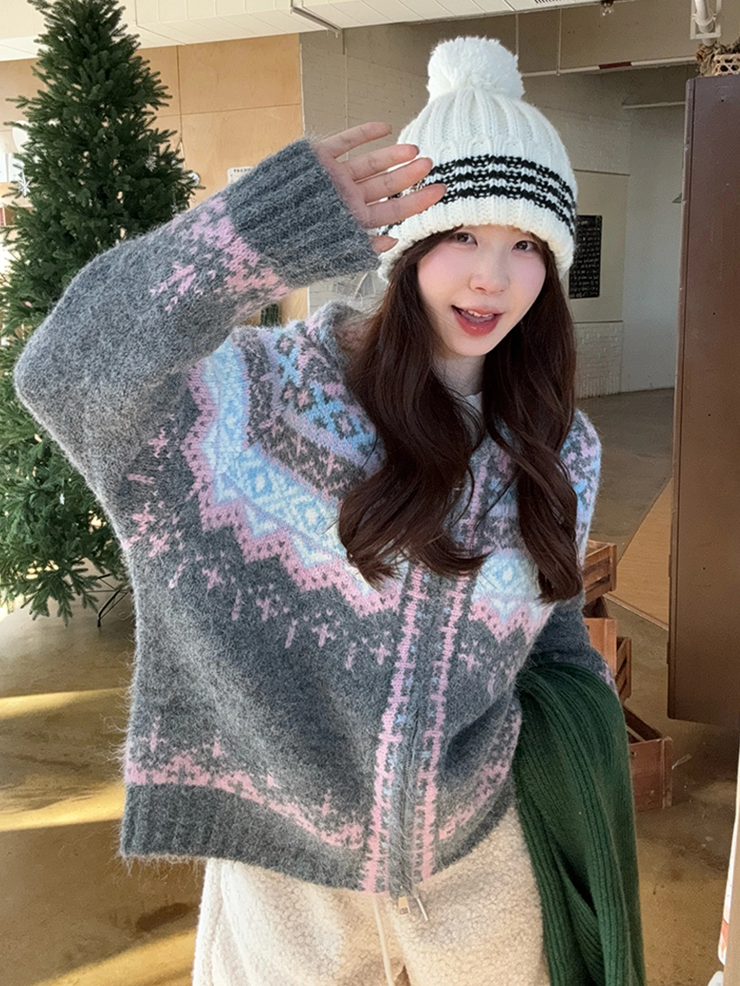 

Вязаный свитер Feilao Island Hat: утепленный осенне-зимний кардиган большого размера, мягкий, с длинными рукавами, с принтом