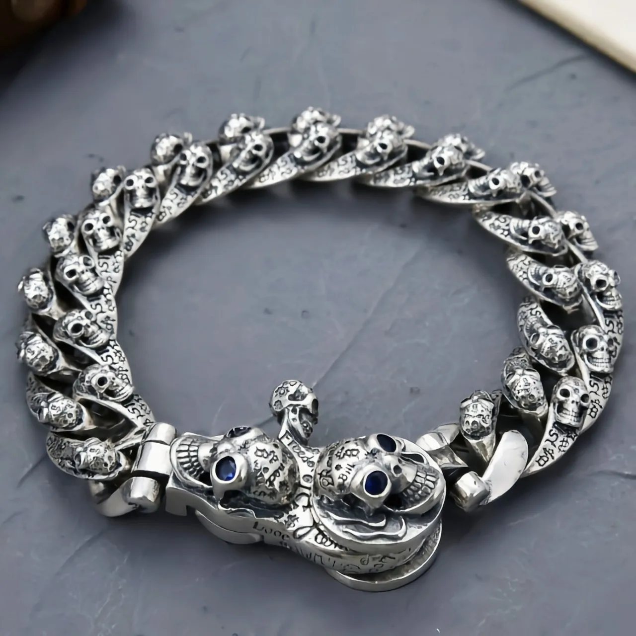 

Graffiti personality 925 sterling silver skull rough wide face bracelet domineering men niello jewelry nightclub accessories