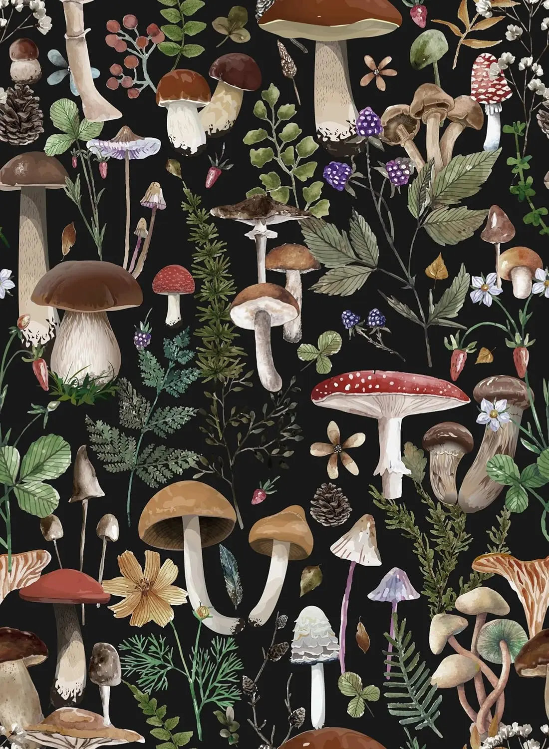Mushroom Peel and Stick Wallpaper Black Boho Contact Paper Removable Self Adhesive Wall Paper for Bedroom Bathroom Cabinet