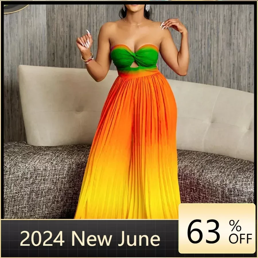 

2024 African Clothes for Women Summer Sleeveless Blue Green Polyester Party Evening Long Pleat Jumpsuit Dashiki Africa Clothing