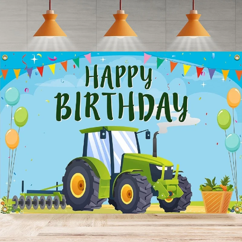 Farm Green Tractor Photography Backdrop Blue Farmyard Happy Birthday Party Background Home Party Backdrop Wall Banner Decor