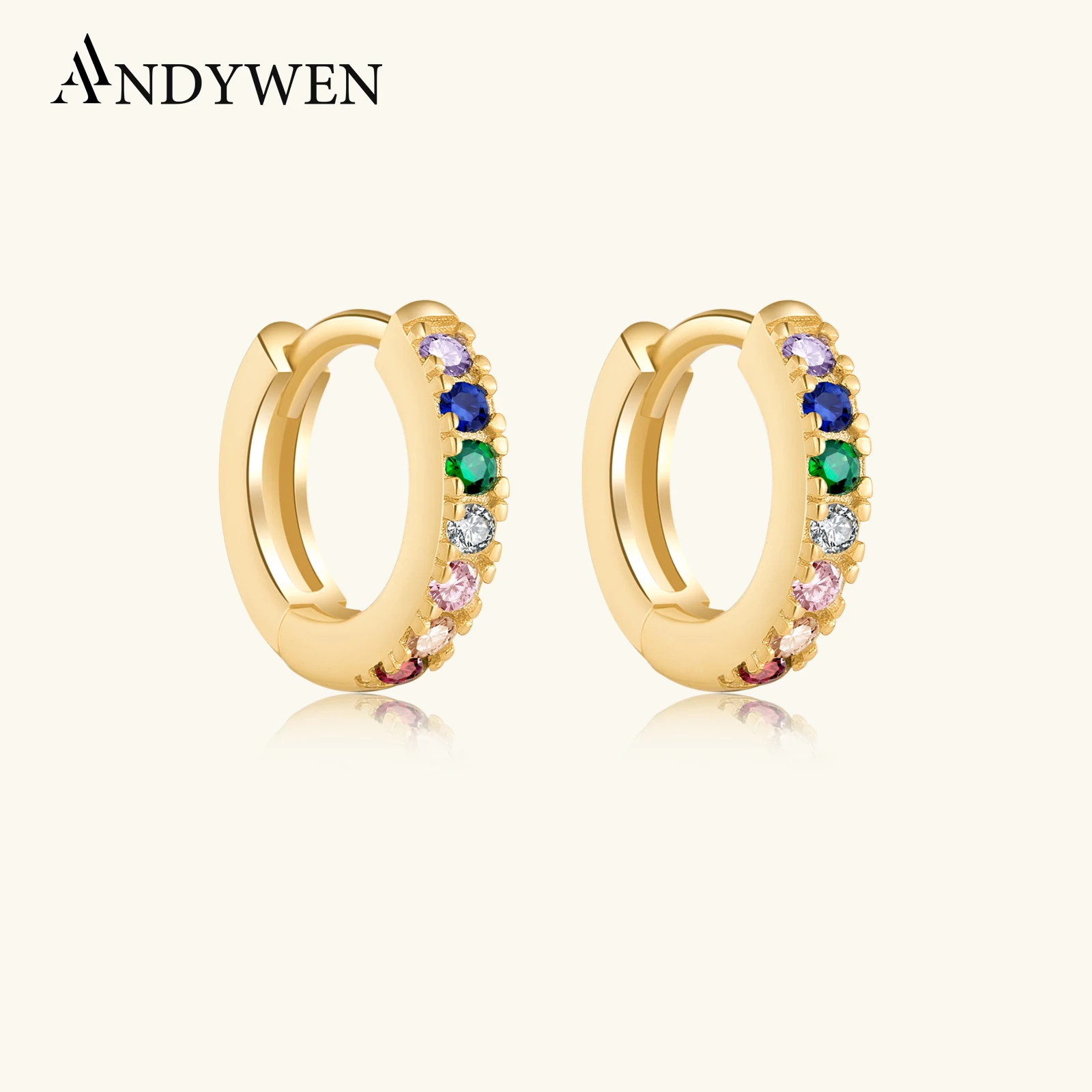 

ANDYWEN 925 Sterling Women luxury CZ Pave Clear Silver Mini Huggies Small Hoops Ring Circle Round Earrings Rainbow Jewelry