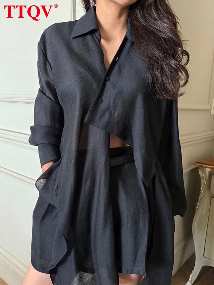 

TTQV Fashion Loose White Shorts Set 2 Piece Woman 2026 Elegant Long Sleeve Shirt With High Waist Shorts Set Female Clothing
