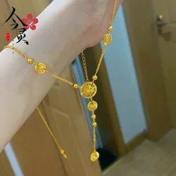 New Chinese 9999 24K real gold silk tassel necklace Female hollow-out hydrangea necklace clavicle chain light luxury everything