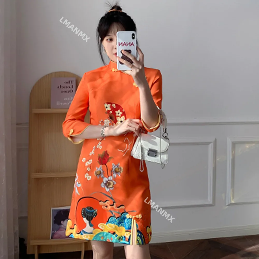 

Red Blue Loose New Fashion Modern Chinese Cheongsam A-line Dress Women 3/4 Sleeve Qipao Traditional Chinese Clothes