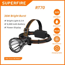 SUPERFIRE-RT70充電式LEDヘッドランプ,強力なライト,釣り,キャンプ用懐中電灯,36W, 21700バッテリー