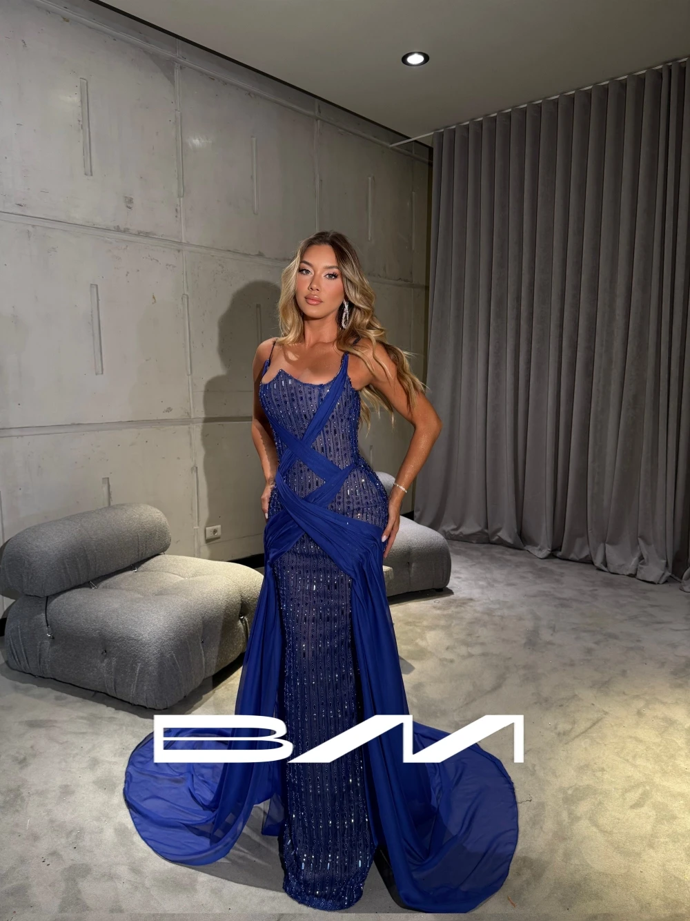 

Royal Blue Beaded Opulent Prom Dress Illusion Customized Structured Corset Bodice Evening Gown Chic Flowy Train Charming Party