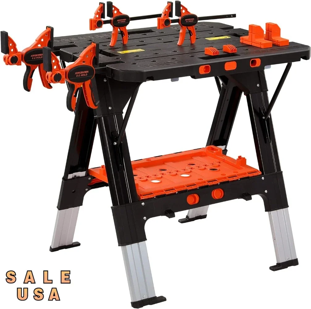 Portable Folding Work Table, 2-in-1 As Sawhorse & Workbench, Load Capacity 1000 Lbs-Sawhorse & 500 Lbs-Workbench