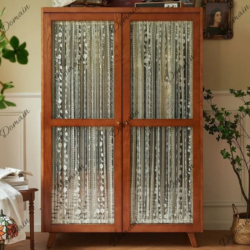 French retro cabinet solid wood wardrobe double door gauze curtain glass cabinet bedroom home hanging clothes storage large