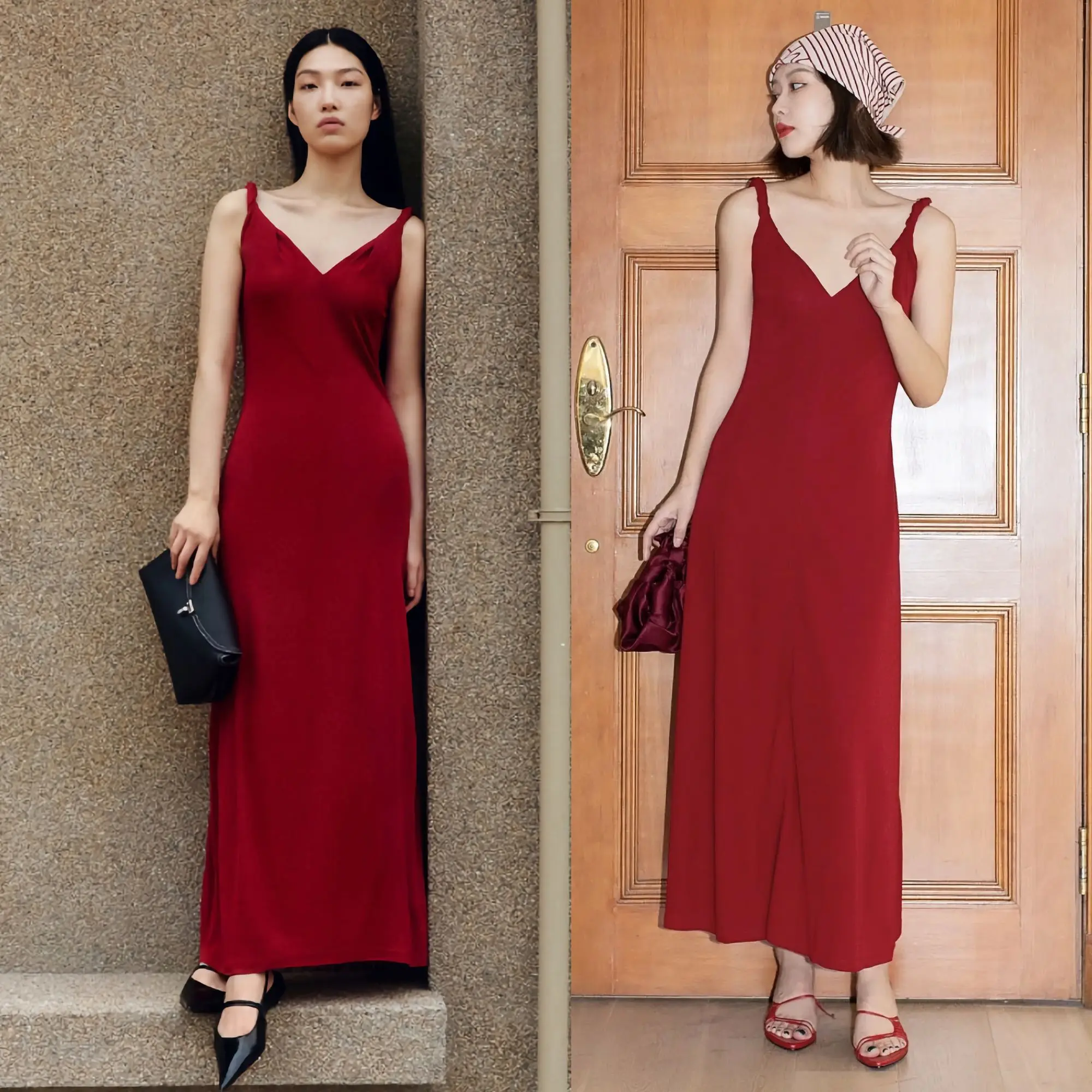 Nordic Red Tie Strap Dress Women's V-neck Rayon Dress