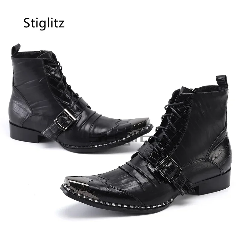 Iron Toe Black Men's Ankle Boots Front Lace Up Business Genuine Leather Motorcycle Boots Zipper British Buckle Strap Shoes