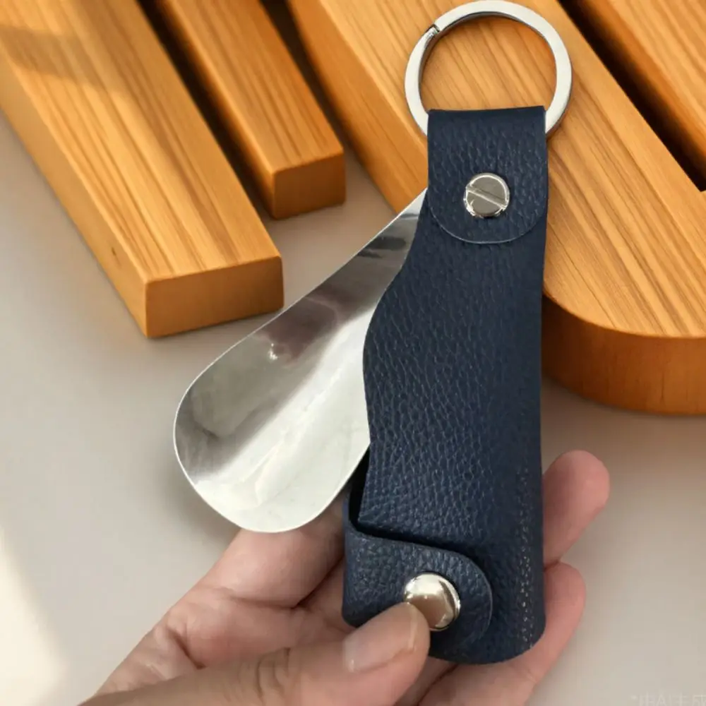 Pengait Sepatu Mini Tahan Lama Gantungan Kunci Portabel Mudah Digenggam Bahan Stainless Steel Alat Bantu Pakai Sepatu Kulit PU Praktis untuk Perjalanan