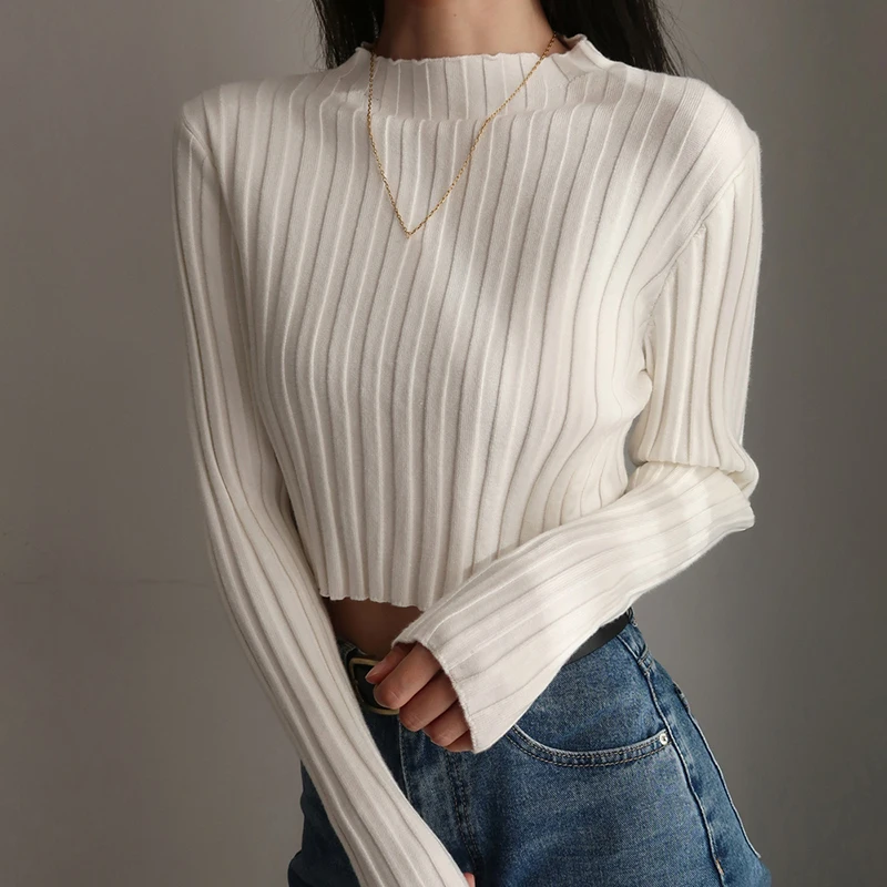 Women American retro stand collar solid color simple slim fit fashion short knitted long-sleeved sweater white one size