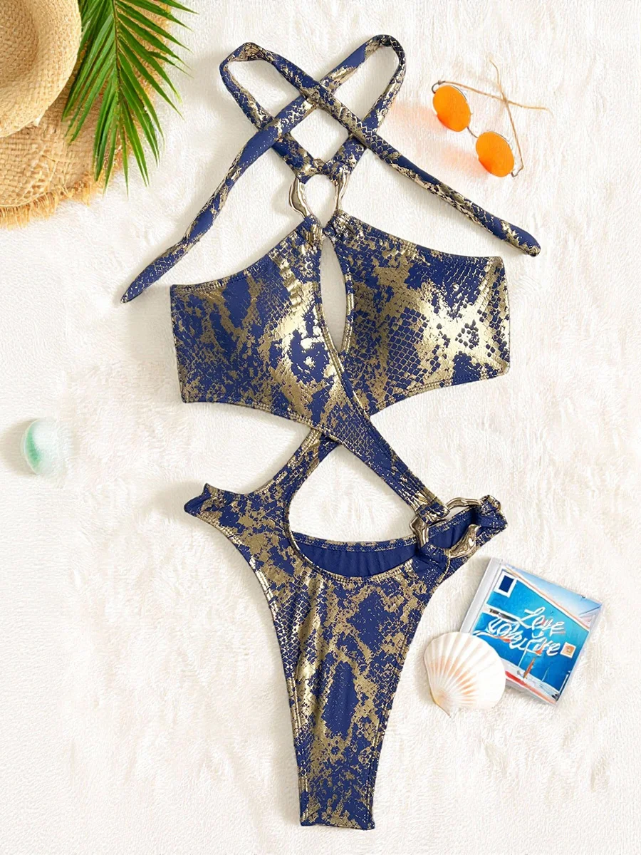 

Женский слитный купальник-монокини с вырезом на животе, завязками на шее, высоким вырезом на бедрах, с принтом под змеиную кожу, фасон стринги