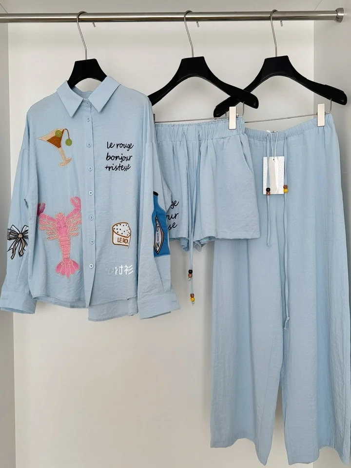 Casual Loose Women's Suit Summer Faion Embroidery Long Sve irt High Waist Wide Leg Pants Slimming Effect Lazy Sle