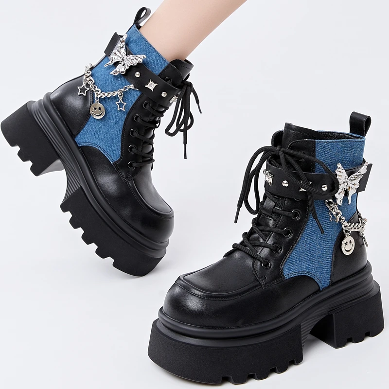 Botas de jinete ligeras informales de moda de inspiración británica con pajarita y parte inferior de plataforma Botas de tobillo de cosplay de tacón grueso