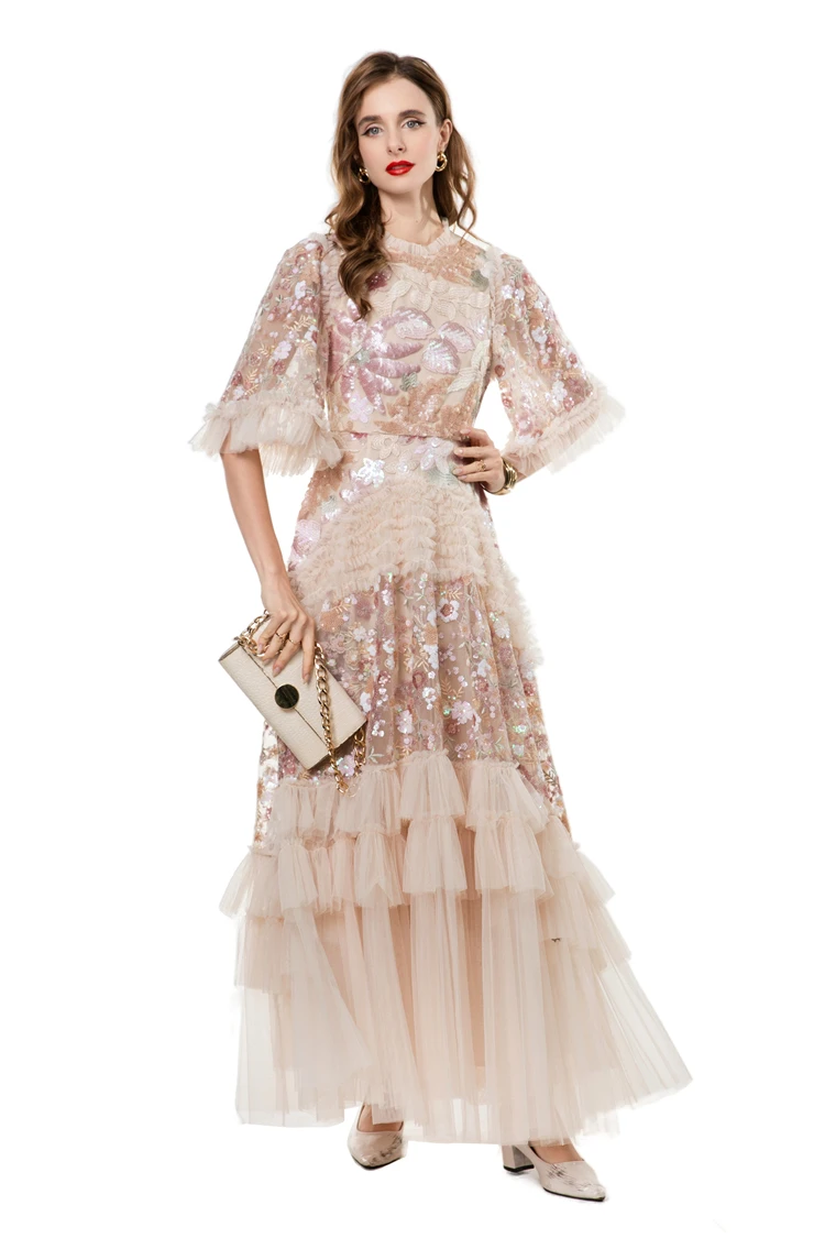 Vestido de mujer con cuello redondo, manga corta, retales florales con lentejuelas, volantes, elegante vestido de fiesta de graduación de diseñador, Maxi Vestidos S- 4XL