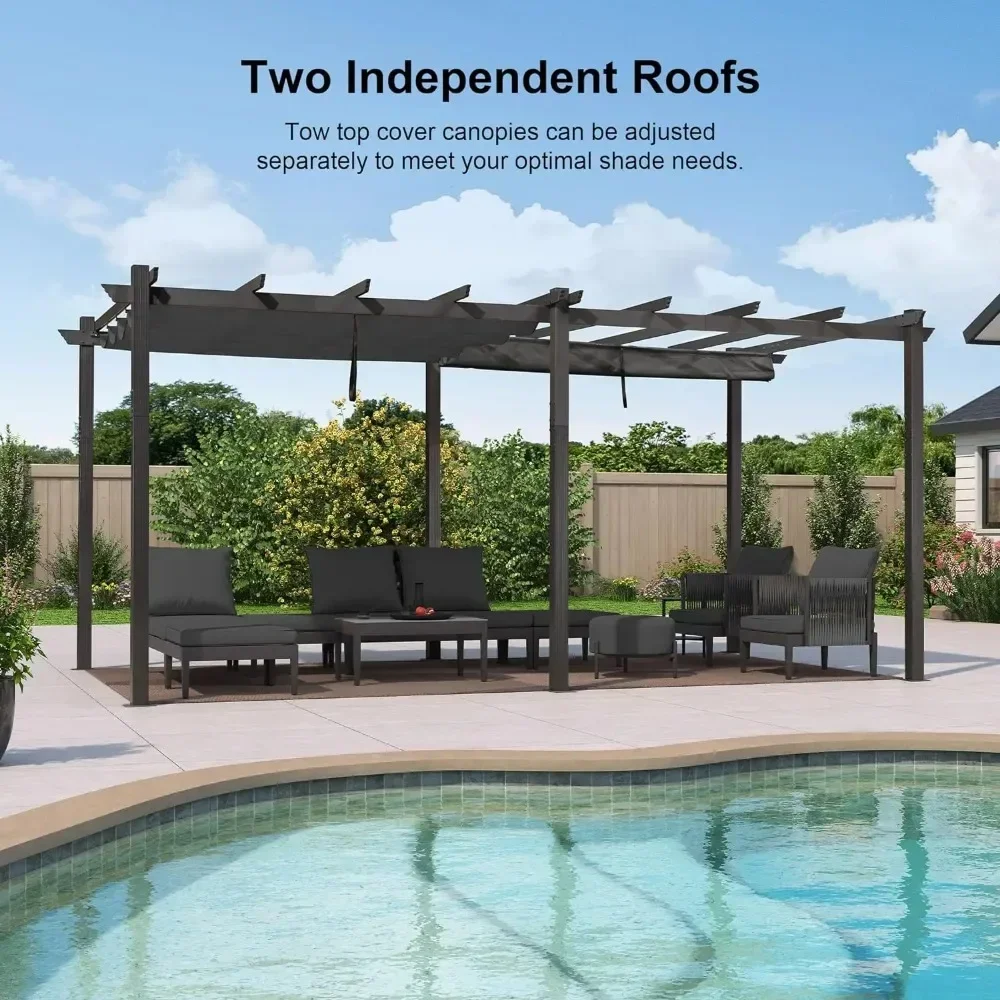 12 X 18 FT Outdoor Pergola with Retractable Canopy Aluminum Shelter for Porch Garden Sun Shade Beach Pavilion Grape Trellis