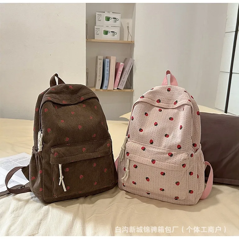 Sweet Girls Strawberry Pattern Backpack Literary Corduroy Large Bag Casual School Daypack For Daily Commute Campus Shopping