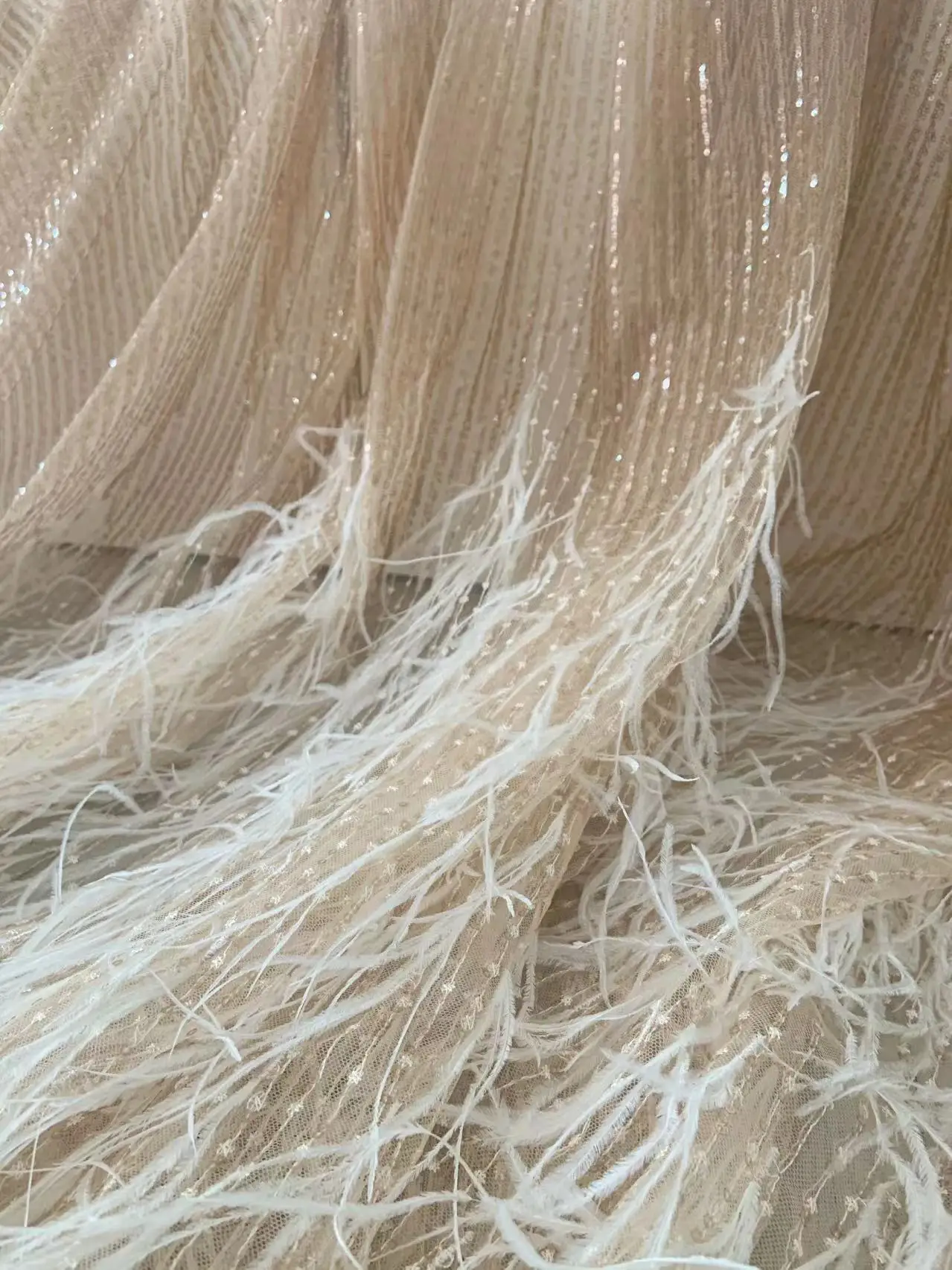 Deluxe1 Yard Rose Gold Plumes Fringe Tulle Lace Fabric with Sparkling Sequined Mest for Bridal Decor,Couture Dress Accessories