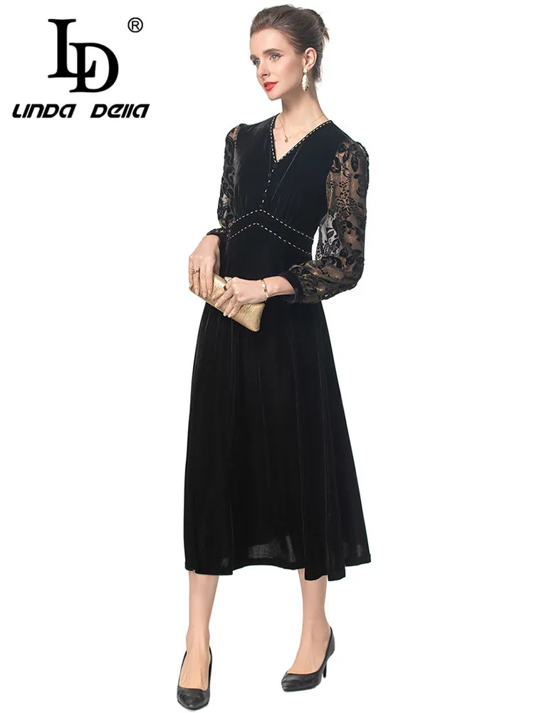 

LD LINDA DELLA Women's Elegant High Street Dress Long Sleeved High waist Beading V-neck fashionable Autumn Dresses