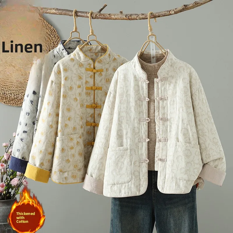 

Thiened Linen Cotton Embroidered Jaet Women's Winter Lightweight Cotton Padded Coat Button Closure Traditional Chinese Sle